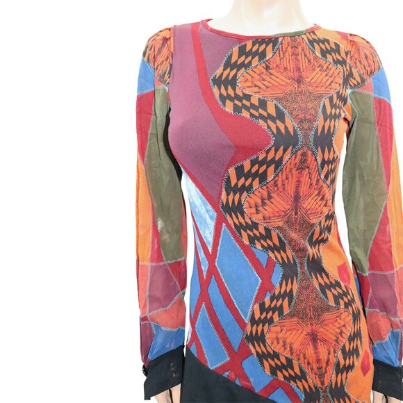 RARE Save The Queen Multicolor Vibrant Abstract Mesh Long Sleeve Dress M/L - Picture 4 of 5